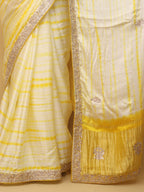 Off White And Yellow Hand Gota Patti And Zarkan Work Pure Gajji Silk Shibori Saree - Luxurion World