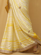 Off White And Yellow Hand Gota Patti And Zarkan Work Pure Gajji Silk Shibori Saree - Luxurion World
