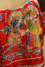 Off White And Red Batik Hand Painted Pichhwai Mulberry Silk Floral Design Saree - Luxurion World