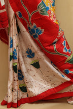 Off White And Red Batik Hand Painted Pichhwai Mulberry Silk Floral Design Saree - Luxurion World