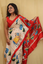Off White And Red Batik Hand Painted Pichhwai Mulberry Silk Floral Design Saree - Luxurion World