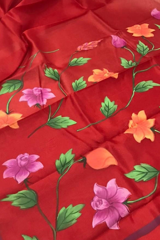Stunning Red Organza Saree with Hand Painted Design and Zari Border - Luxurion World