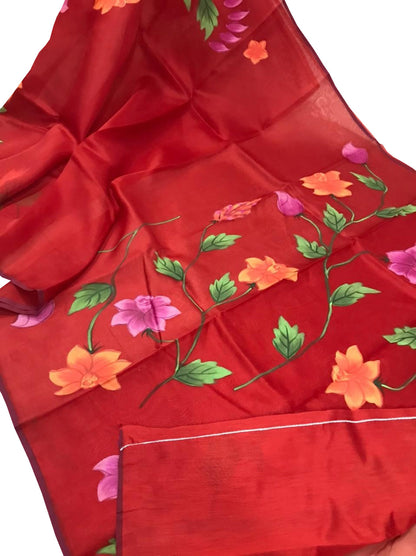 Stunning Red Organza Saree with Hand Painted Design and Zari Border - Luxurion World