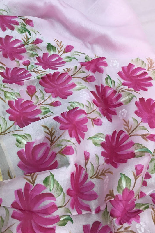 Stunning Pink Organza Saree with Hand Painted Design and Zari Border - Luxurion World