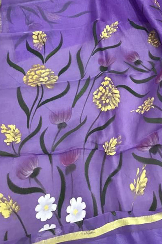 Exquisite Purple Organza Saree with Zari Border - Hand Painted Beauty - Luxurion World