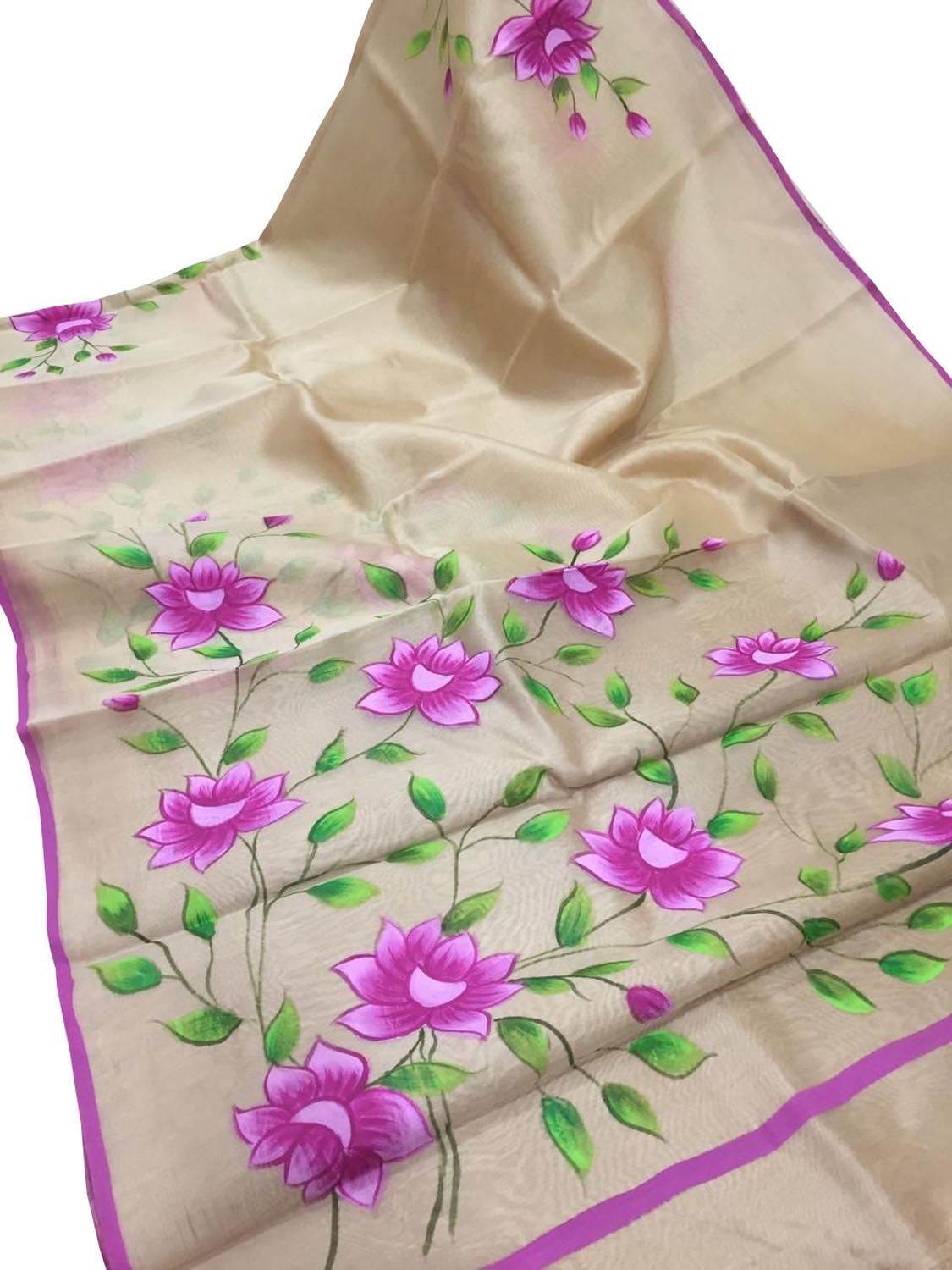 Pure Organza Saree with Pastel Hand Painted Zari Border - Luxurion World