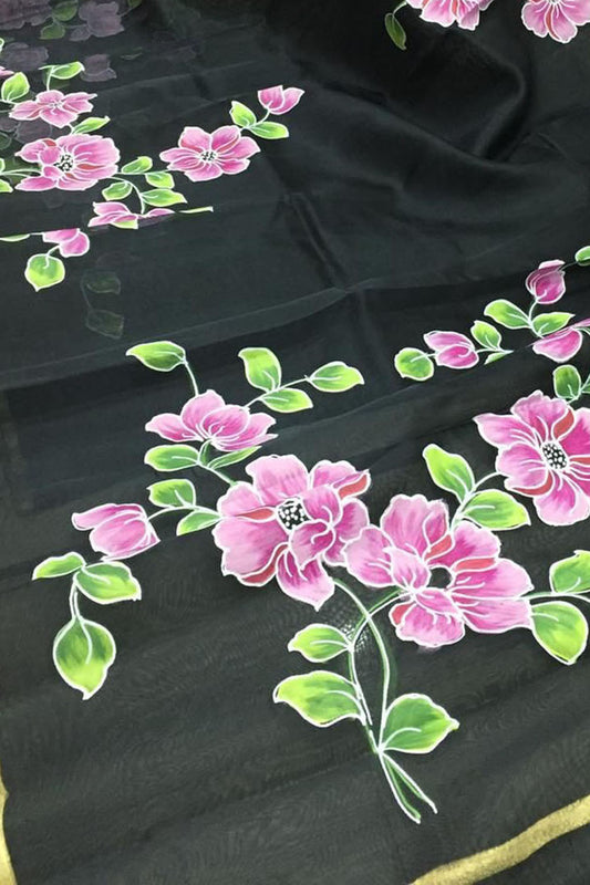 Stunning Black Organza Saree with Hand Painted Design and Zari Border - Luxurion World