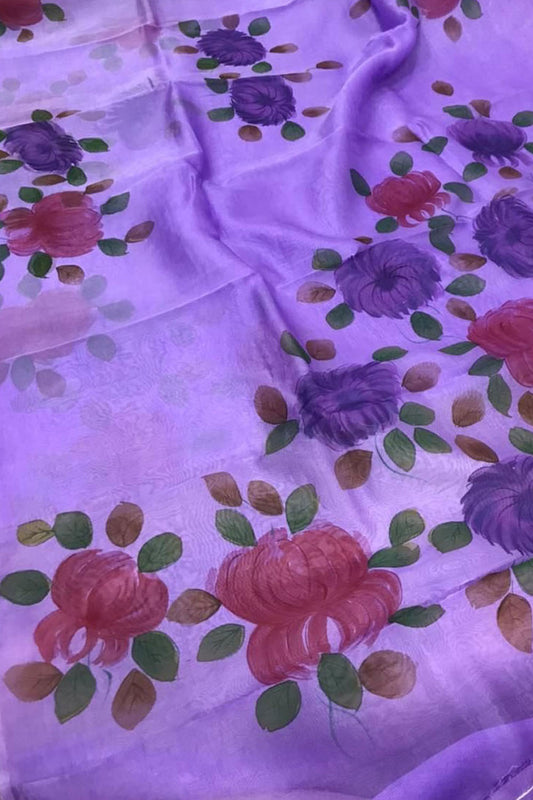 Stunning Purple Organza Saree with Hand Painted Design and Zari Border - Luxurion World