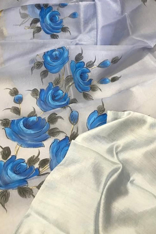 Stunning Off White Hand Painted Organza Saree with Zari Border - Luxurion World