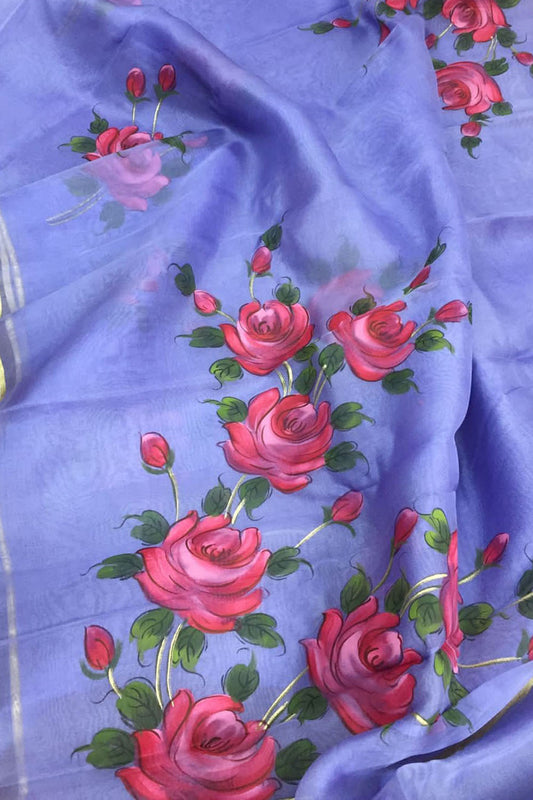 Exquisite Purple Organza Saree with Hand Painted Design and Zari Border - Luxurion World