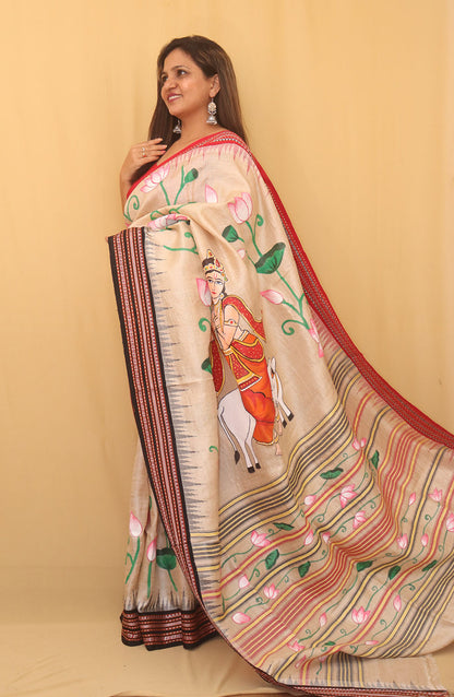 Multicolor Pichhwai Hand Painted Tussar Silk Saree