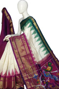 Off White Ikat Pure Silk Handloom Saree — Geometric Weave, Festive