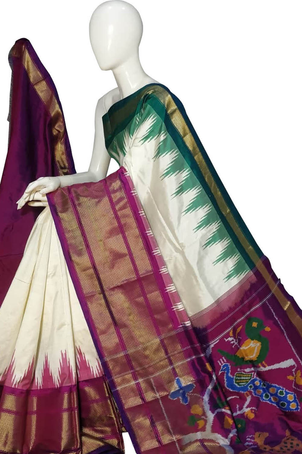 Off White Ikat Pure Silk Handloom Saree — Geometric Weave, Festive