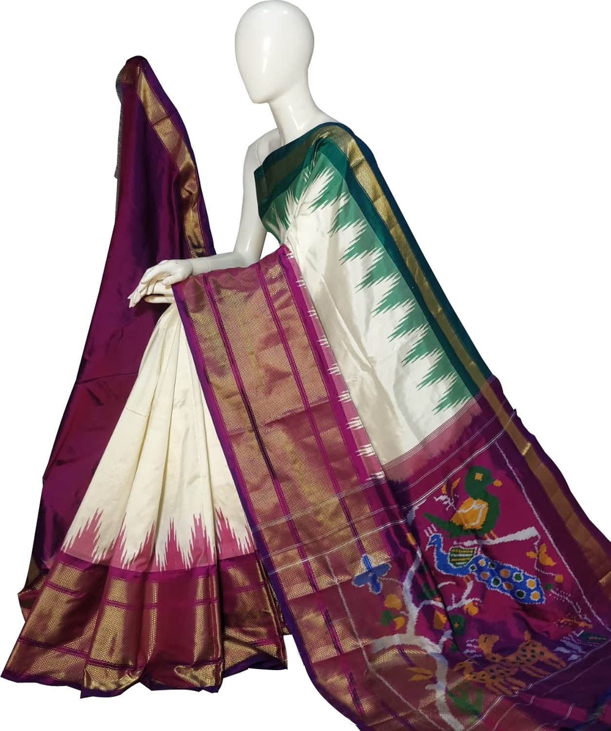 Off White Ikat Pure Silk Handloom Saree — Geometric Weave, Festive
