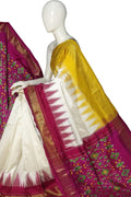 Off White Ikat Pure Silk Handloom Saree — Allover Ikat Pattern, Bridal