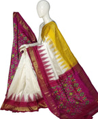 Off White Ikat Pure Silk Handloom Saree — Allover Ikat Pattern, Bridal