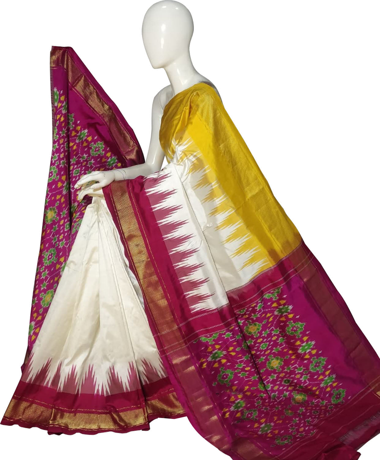 Off White Ikat Pure Silk Handloom Saree — Allover Ikat Pattern, Bridal