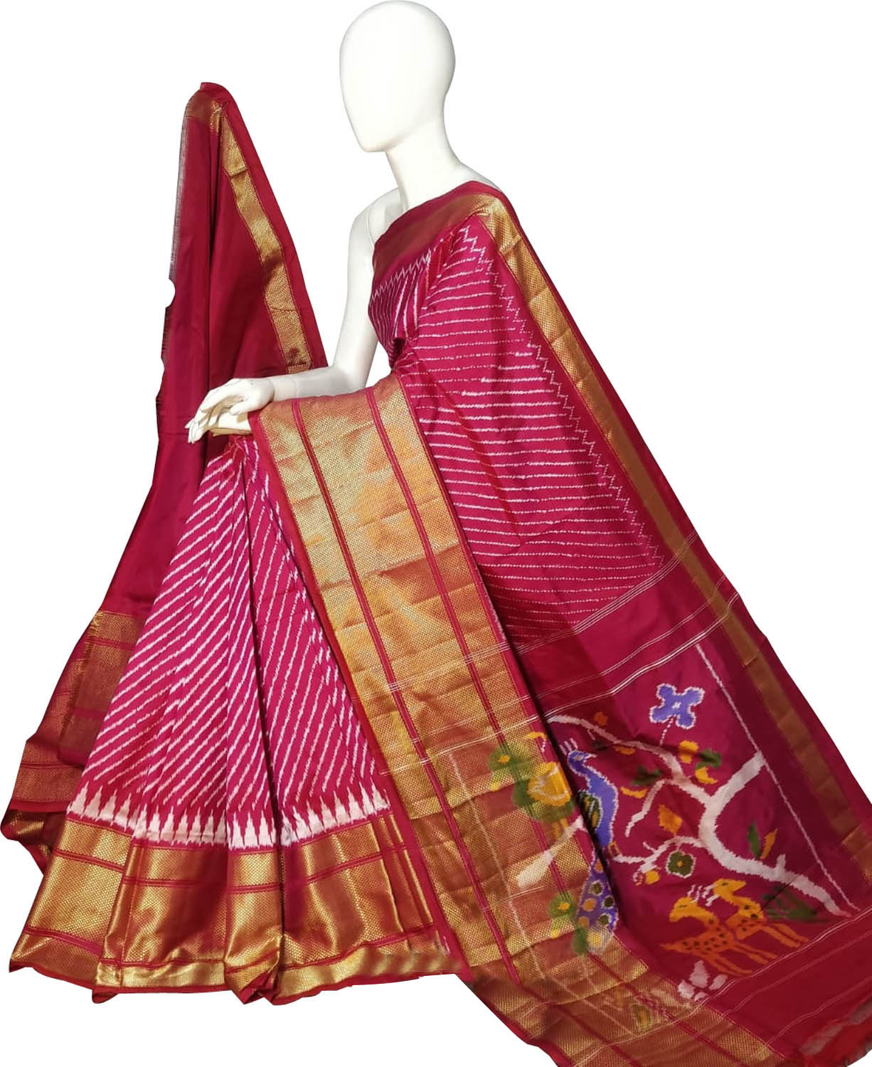 Pink Ikat Pure Silk Handloom Saree — Floral Ikat Border, Wedding