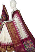 Off White Ikat Pure Silk Handloom Saree — Diamond Ikat Motif, Ethnic