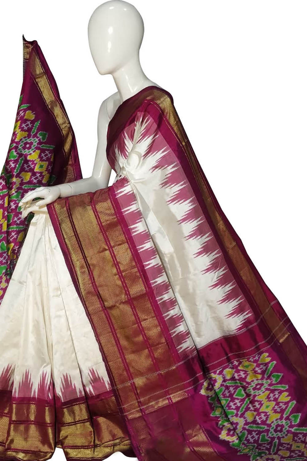 Off White Ikat Pure Silk Handloom Saree — Diamond Ikat Motif, Ethnic