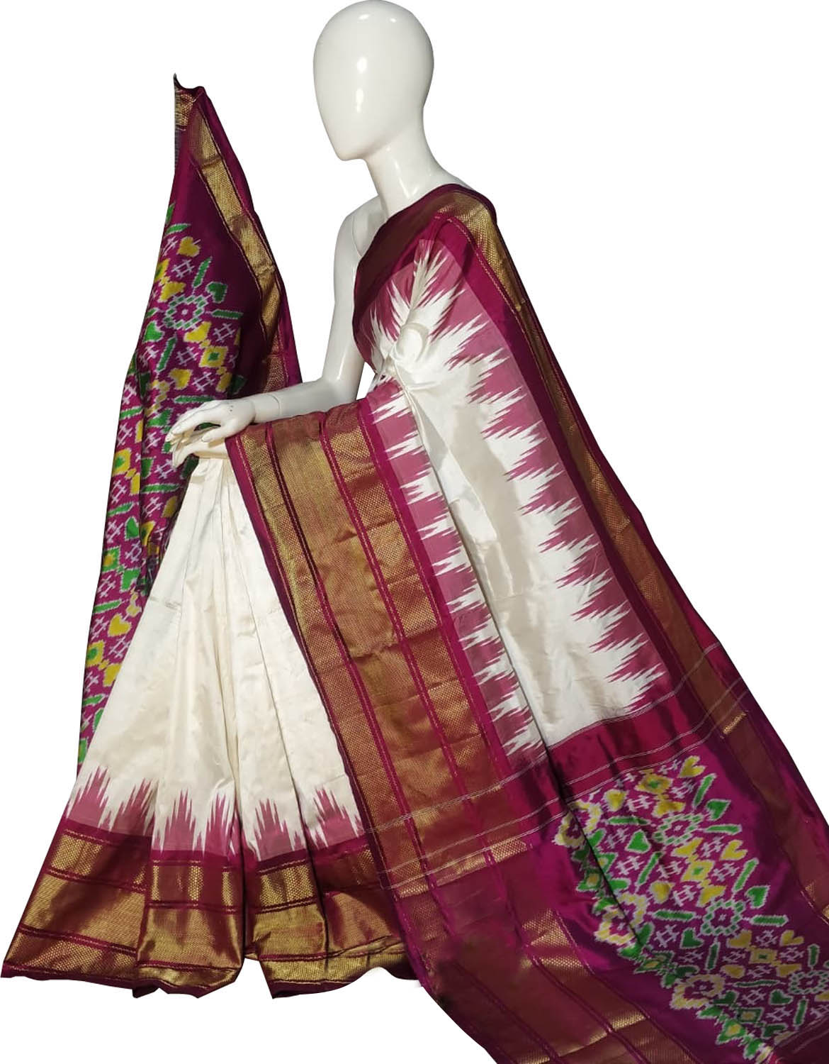 Off White Ikat Pure Silk Handloom Saree — Diamond Ikat Motif, Ethnic