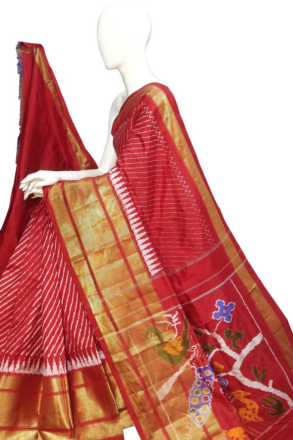 Red Ikat Pure Silk Handloom Saree — Bold Ikat Weave, Bridal