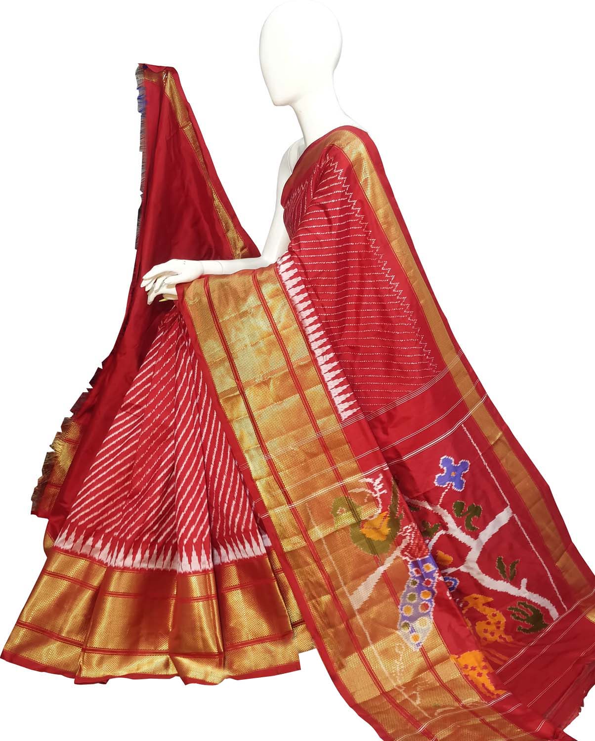 Red Ikat Pure Silk Handloom Saree — Bold Ikat Weave, Bridal
