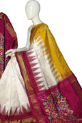 Off White Ikat Pure Silk Handloom Saree — Striped Ikat Body, Ethnic