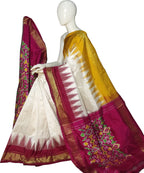 Off White Ikat Pure Silk Handloom Saree — Striped Ikat Body, Ethnic