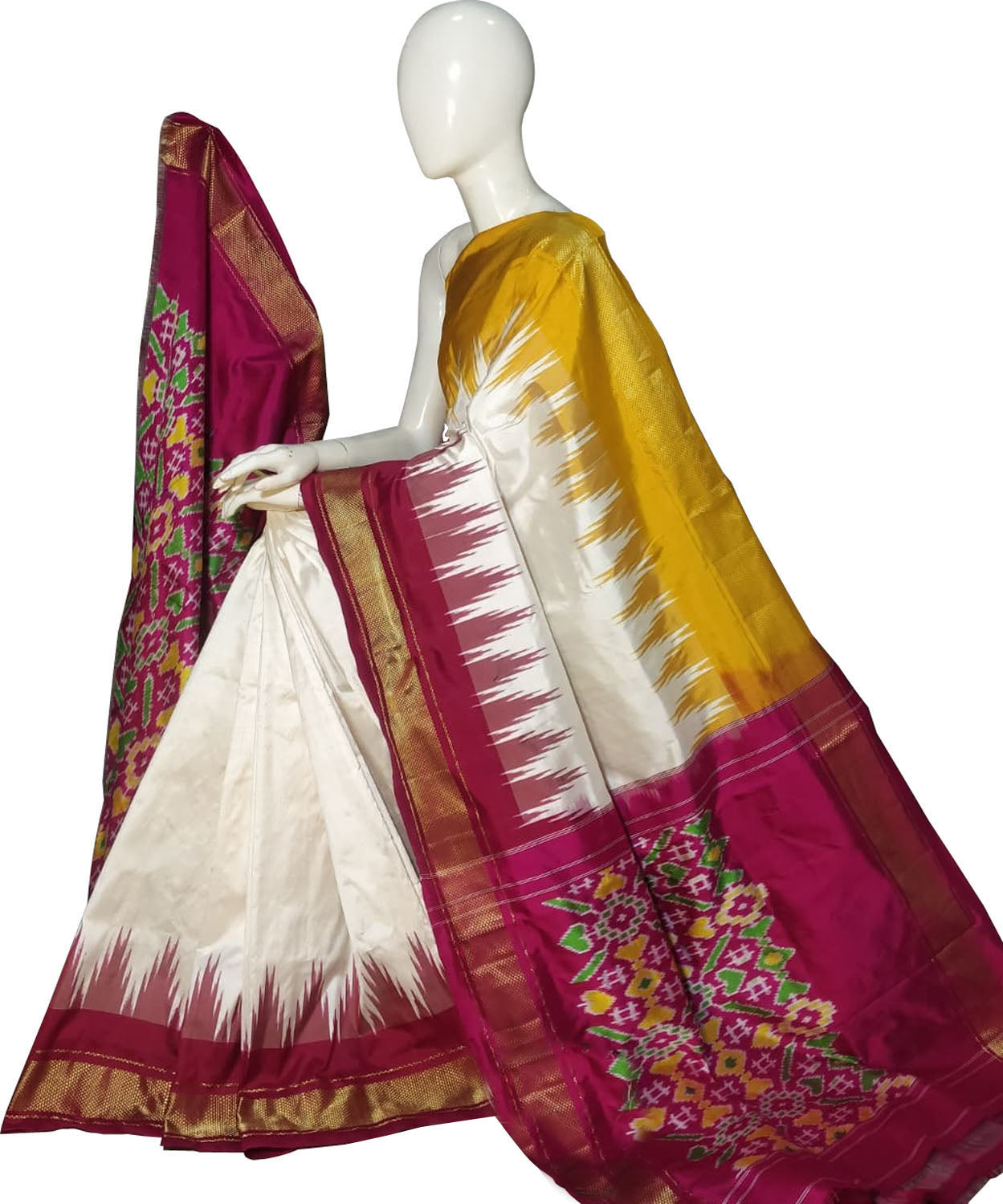 Off White Ikat Pure Silk Handloom Saree — Striped Ikat Body, Ethnic