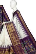 Off White Ikat Pure Silk Handloom Saree — Paisley Ikat Motif, Ceremonial