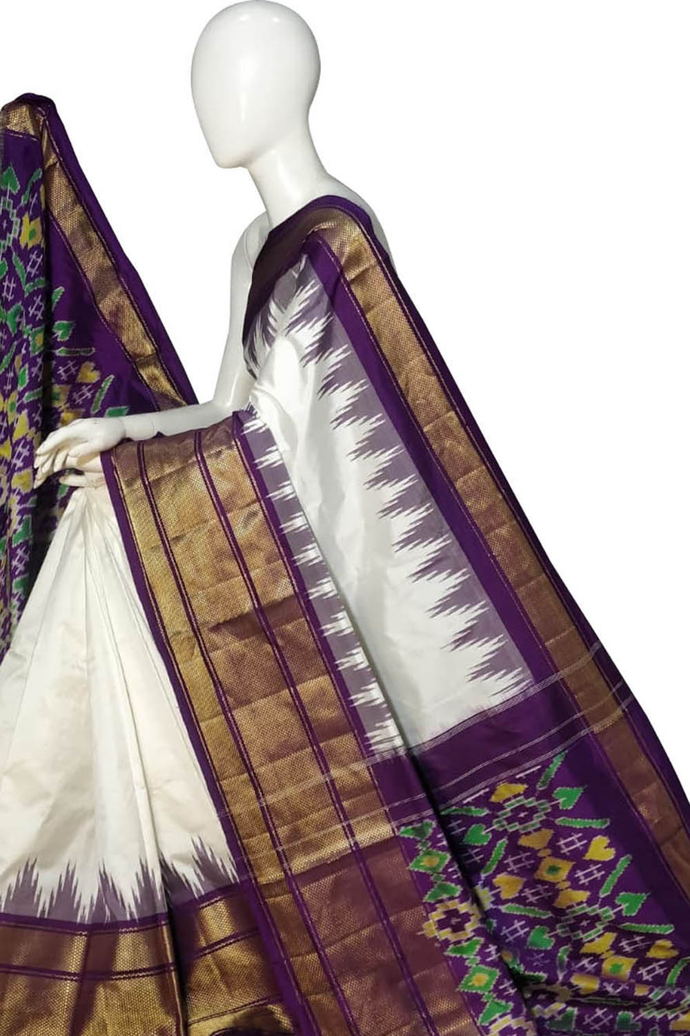 Off White Ikat Pure Silk Handloom Saree — Paisley Ikat Motif, Ceremonial