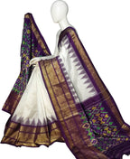 Off White Ikat Pure Silk Handloom Saree — Paisley Ikat Motif, Ceremonial