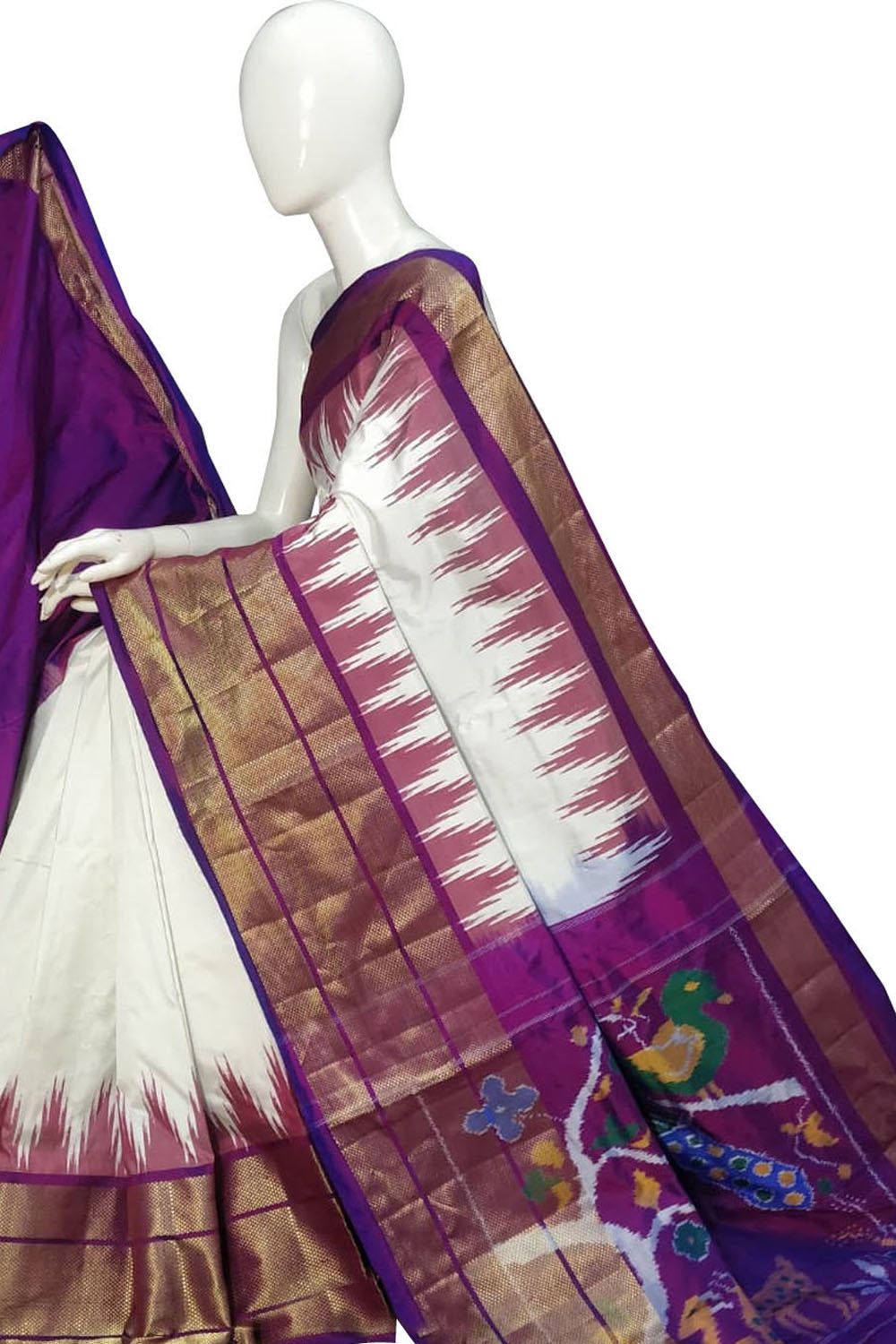 Off White Ikat Pure Silk Handloom Saree — Temple Border Ikat, Puja
