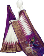 Off White Ikat Pure Silk Handloom Saree — Temple Border Ikat, Puja