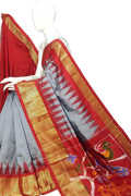 Grey Ikat Pure Silk Handloom Saree — Weft Ikat Weave, Contemporary