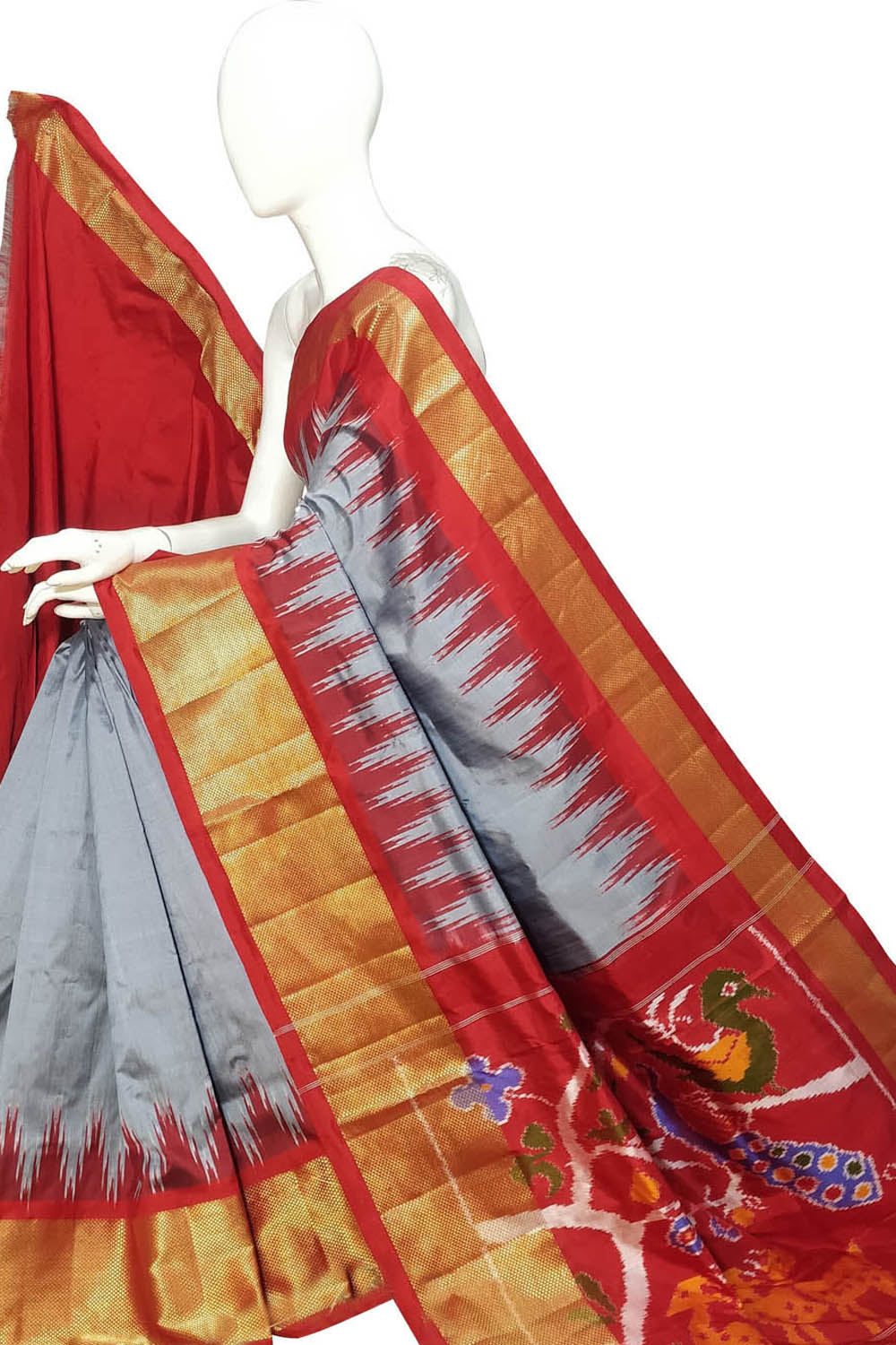 Grey Ikat Pure Silk Handloom Saree — Weft Ikat Weave, Contemporary