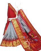 Grey Ikat Pure Silk Handloom Saree — Weft Ikat Weave, Contemporary