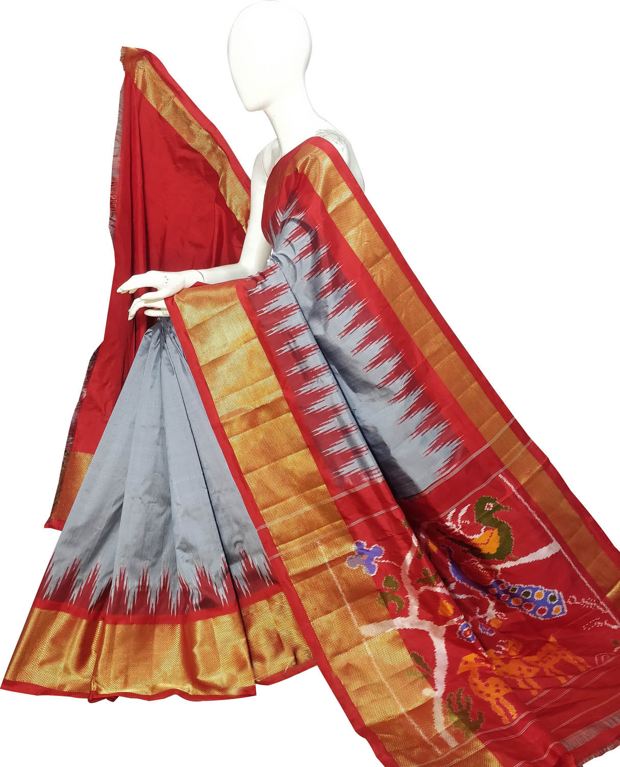 Grey Ikat Pure Silk Handloom Saree — Weft Ikat Weave, Contemporary