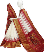 Off White Ikat Pure Silk Handloom Saree — Zari-Accented Ikat, Bridal