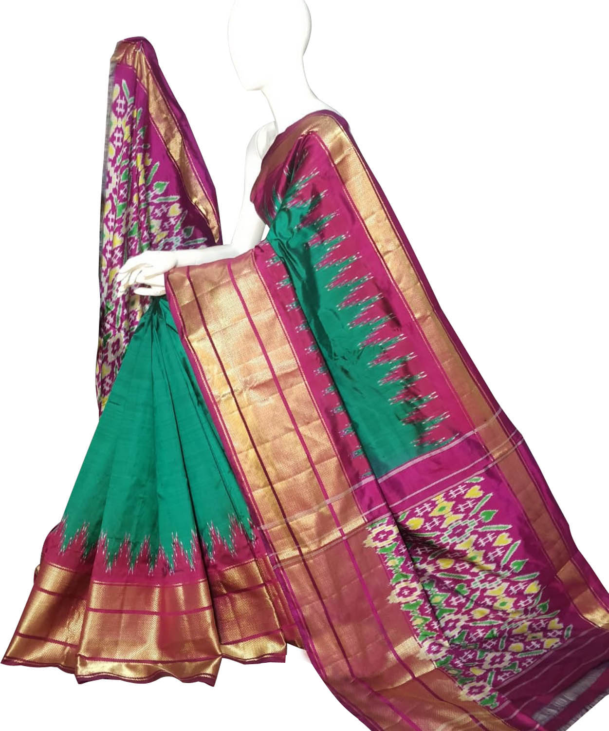 Green Ikat Pure Silk Handloom Saree — Floral Ikat Pallu, Festive