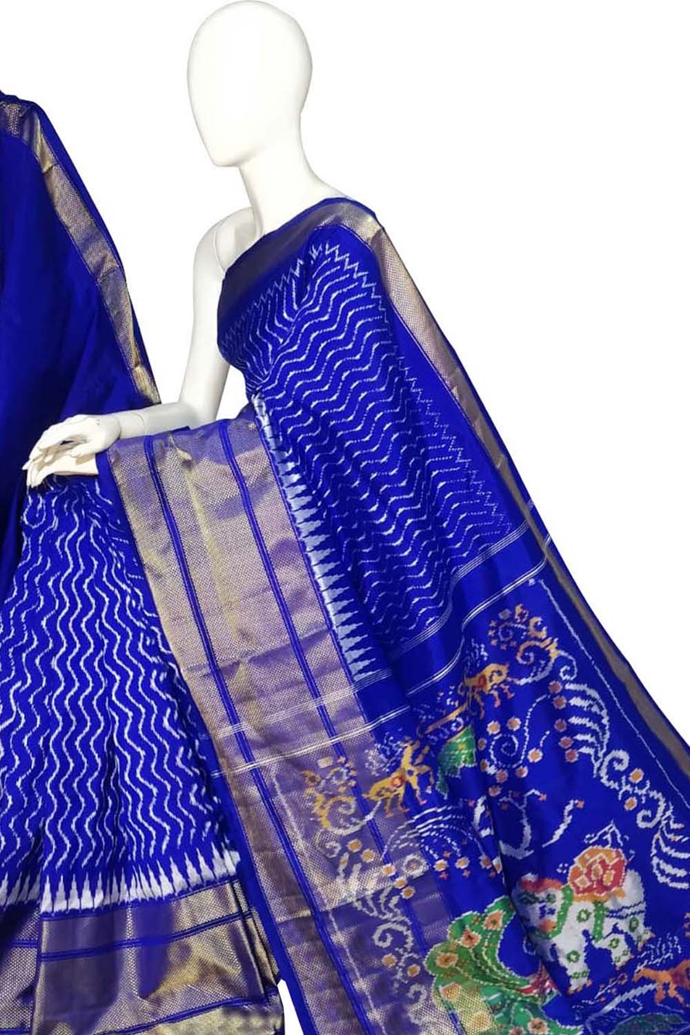 Blue Ikat Pure Silk Handloom Saree — Geometric Ikat Border, Ethnic