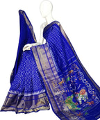 Blue Ikat Pure Silk Handloom Saree — Geometric Ikat Border, Ethnic