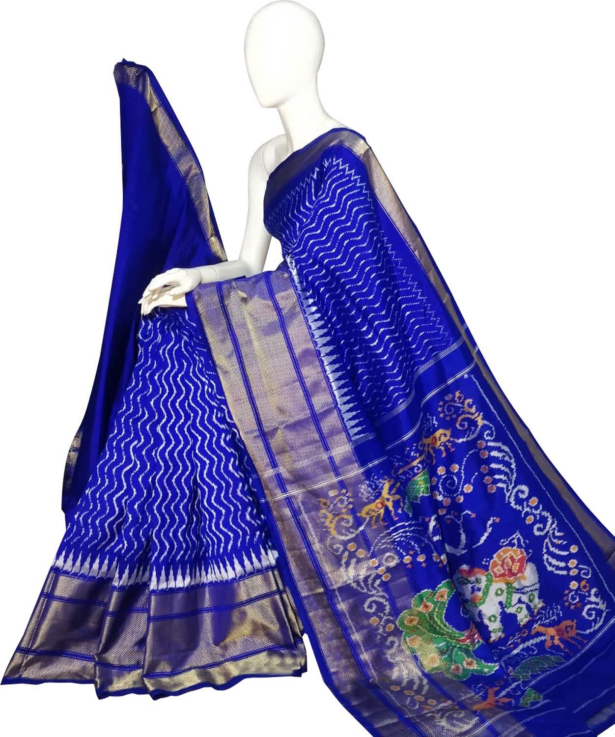 Blue Ikat Pure Silk Handloom Saree — Geometric Ikat Border, Ethnic