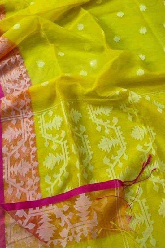 Golden Threads: Yellow Jamdani Muslin Saree - Luxurion World
