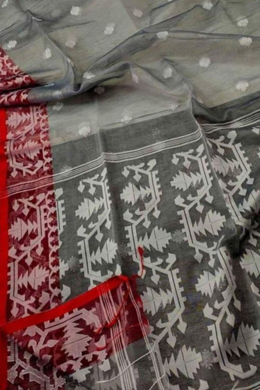 Elegant Grey Jamdani Muslin Saree - Luxurion World