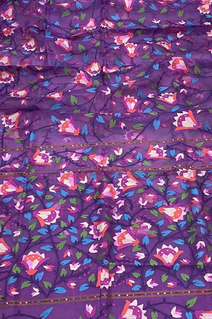 Purple Pure Handweaved Jamdani Muslin Meenakari Saree