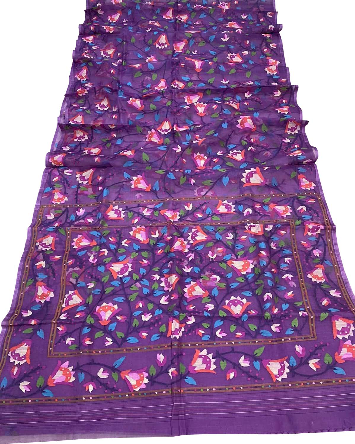 Purple Pure Handweaved Jamdani Muslin Meenakari Saree - Luxurion World