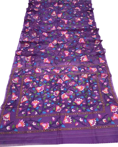 Purple Pure Handweaved Jamdani Muslin Meenakari Saree - Luxurion World