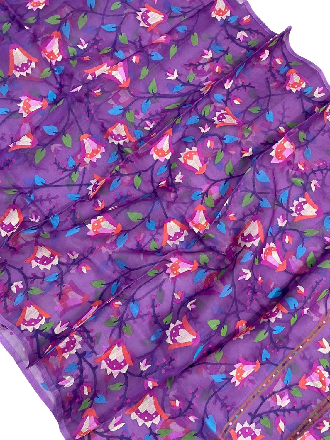 Purple Pure Handweaved Jamdani Muslin Meenakari Saree - Luxurion World